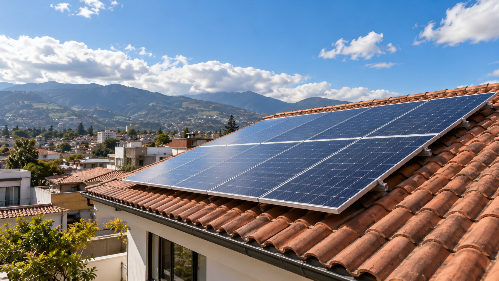 Paneles fotovoltaicos sobre un techo de teja con montañas al fondo; imagen ilustrativa generada con IA
